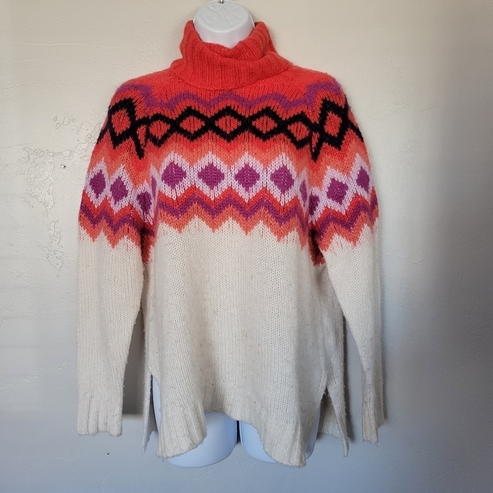Aerie Fair Isle Turtleneck Sweater Long Sleeve 25% Wool XS Red White Colorful